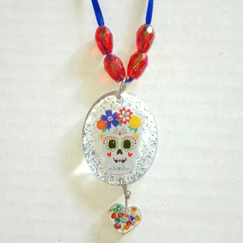 Cute Handmade Resin Sugar Skull necklace blue ribbon